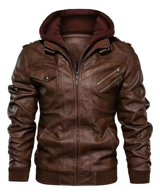 Jaqueta de Couro Masculina Premium com Capuz Removível