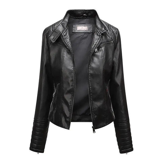 Jaqueta Feminina Slim Black Luxe com Gola Alta Estilo Motociclista - (Promoção de Inverno 2026)