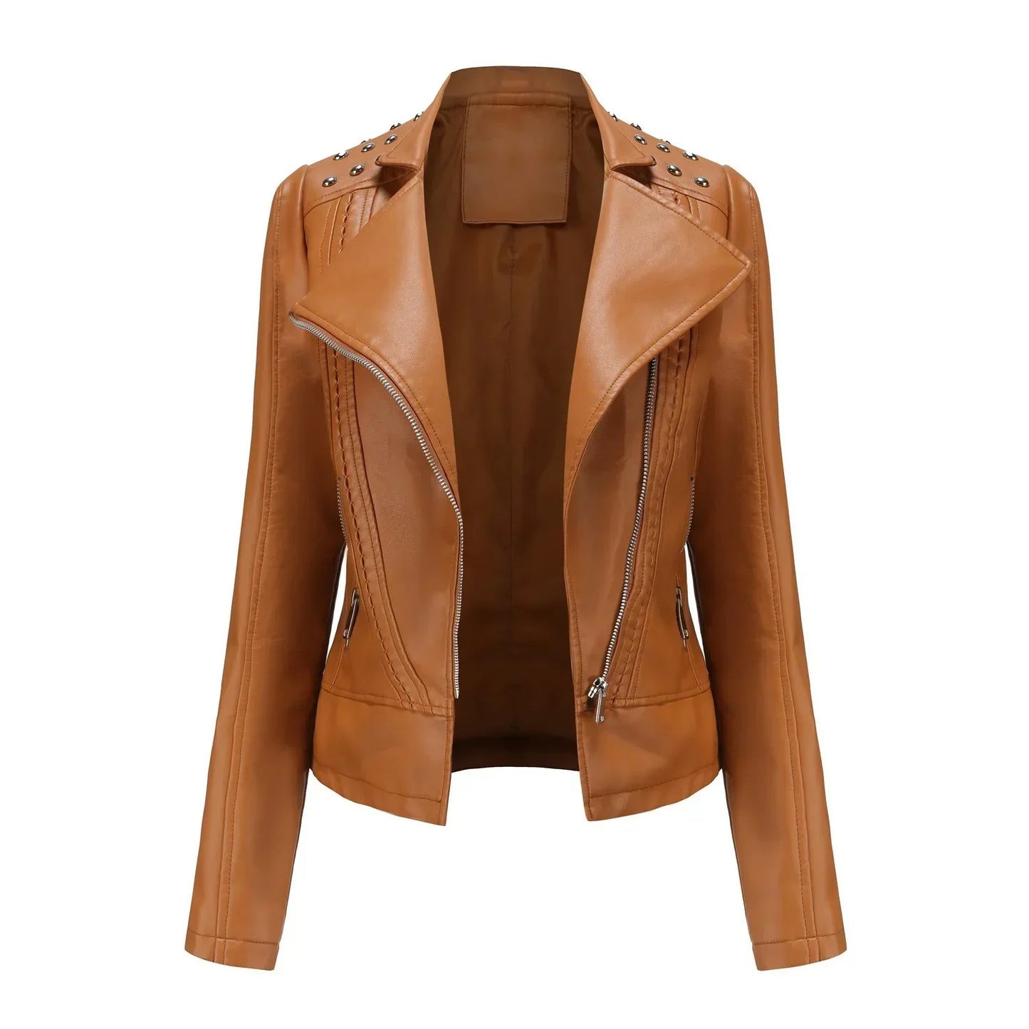 Jaqueta Feminina Slim Estilo Biker com Gola Dobrável e Detalhes Retrô - (Promoção de Inverno 2026)