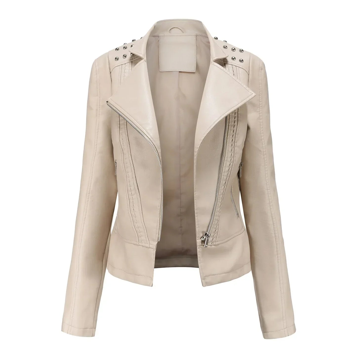 Jaqueta Feminina Slim Estilo Biker com Gola Dobrável e Detalhes Retrô - (Promoção de Inverno 2026)