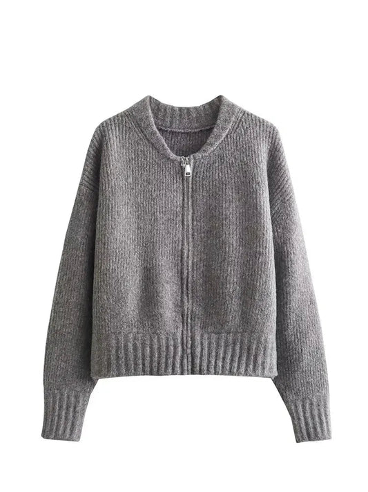 Casaco Feminino Vintage de Malha com Zíper e Gola Redonda - (Promoção de Inverno 2026)