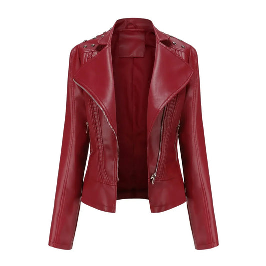 Jaqueta Feminina Slim Estilo Biker com Gola Dobrável e Detalhes Retrô - (Promoção de Inverno 2026)