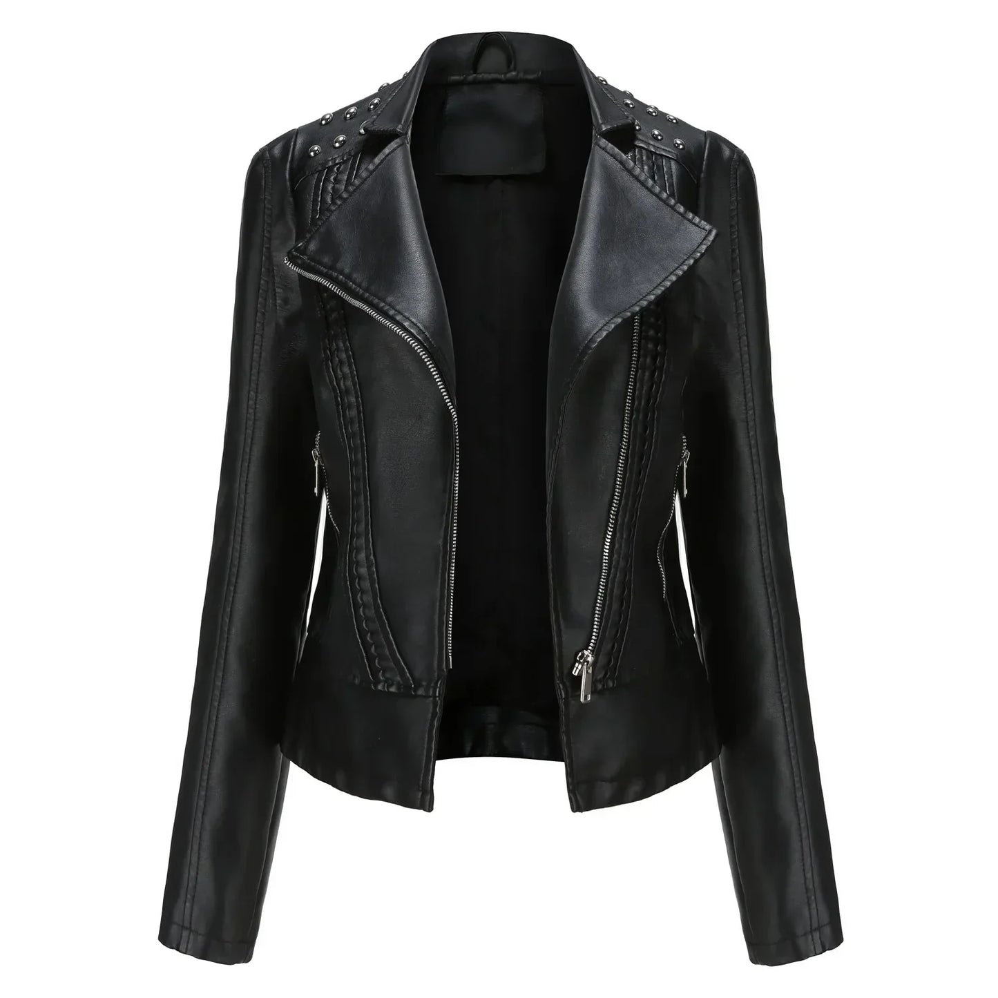 Jaqueta Feminina Slim Estilo Biker com Gola Dobrável e Detalhes Retrô - (Promoção de Inverno 2026)