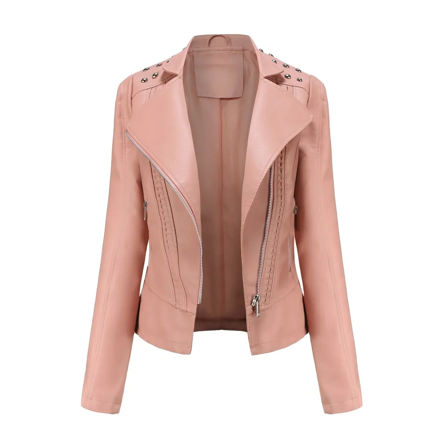Jaqueta Feminina Slim Estilo Biker com Gola Dobrável e Detalhes Retrô - (Promoção de Inverno 2026)