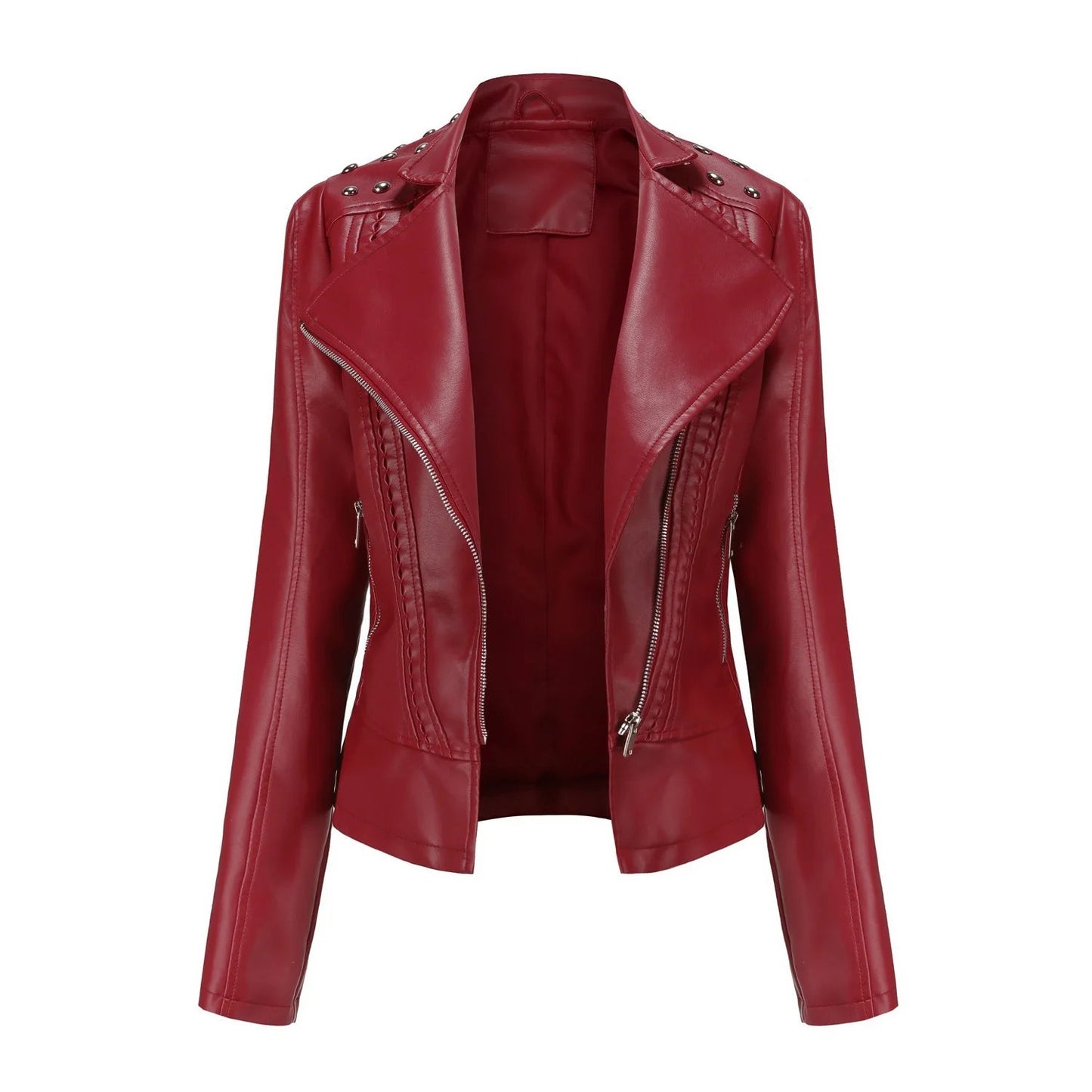 Jaqueta Feminina Slim Estilo Biker com Gola Dobrável e Detalhes Retrô - (Promoção de Inverno 2026)