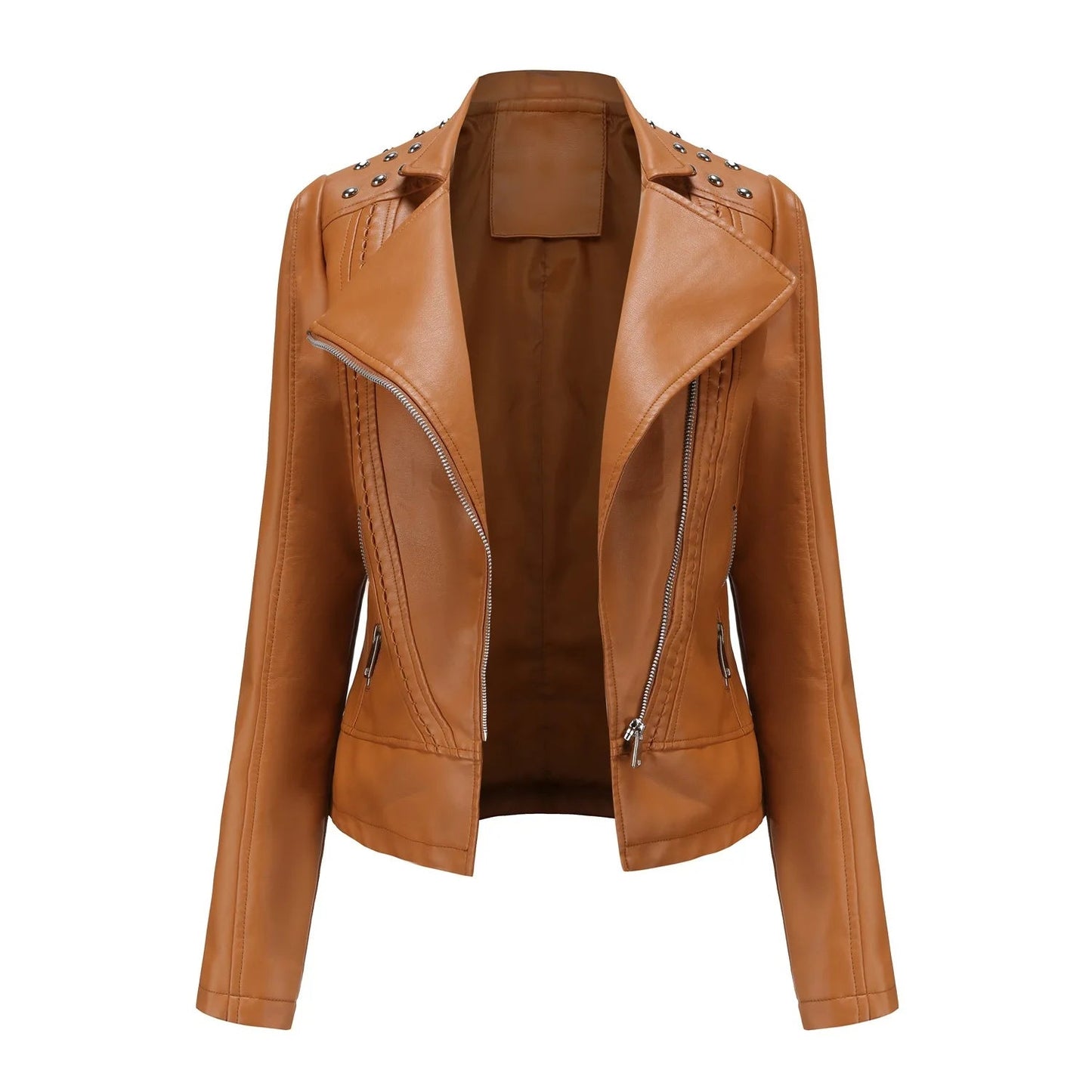 Jaqueta Feminina Slim Estilo Biker com Gola Dobrável e Detalhes Retrô - (Promoção de Inverno 2026)