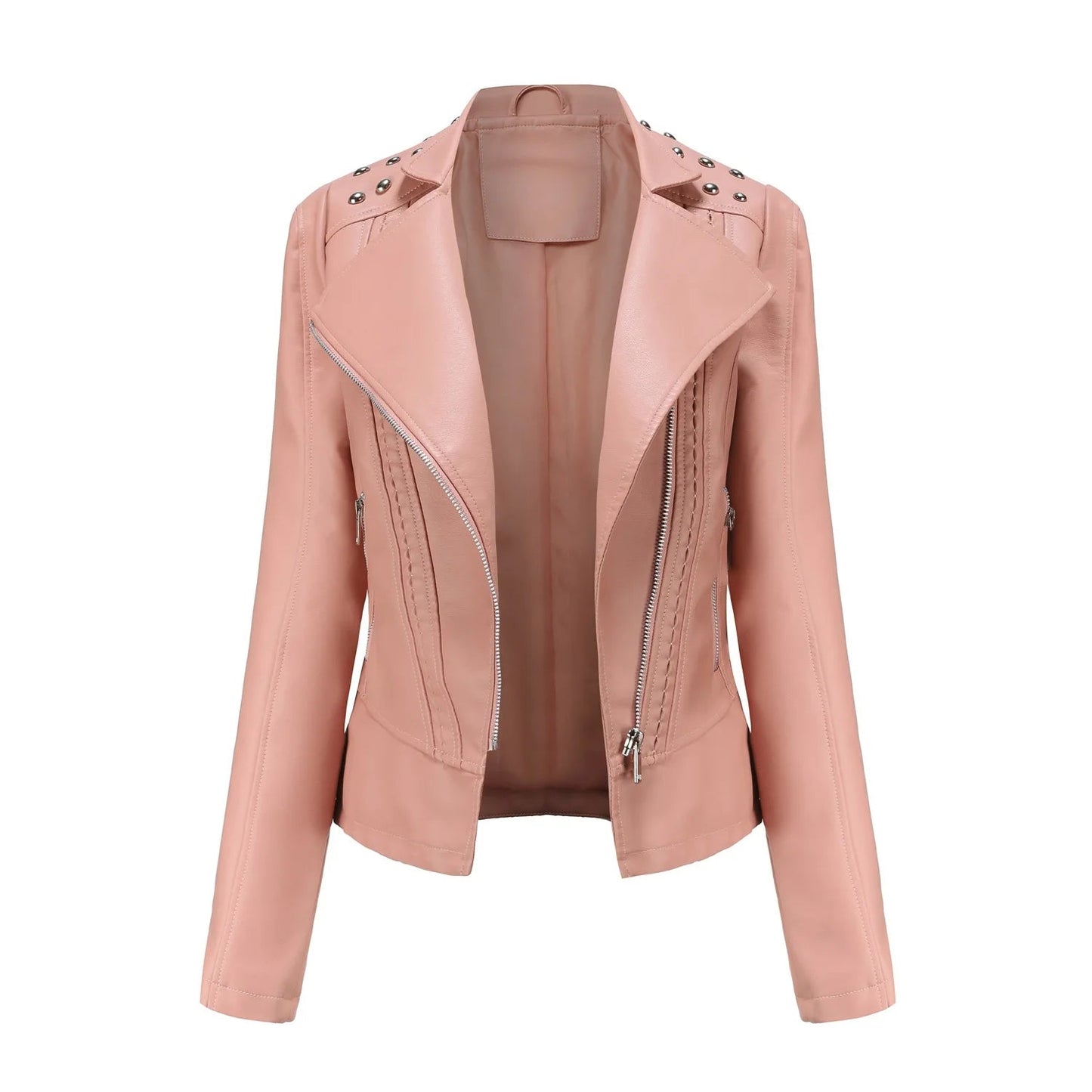 Jaqueta Feminina Slim Estilo Biker com Gola Dobrável e Detalhes Retrô - (Promoção de Inverno 2026)