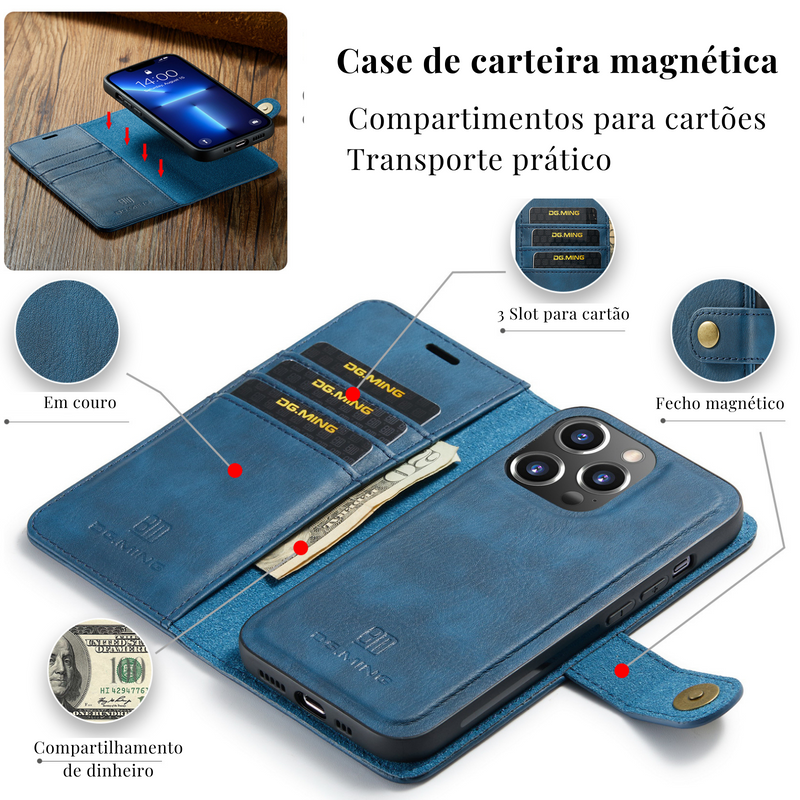 Capa iPhone Ultra Fina de Couro com Carteira Magnética 2 em 1 - Lançamento 2023