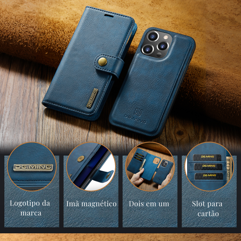 Capa iPhone Ultra Fina de Couro com Carteira Magnética 2 em 1 - Lançamento 2023